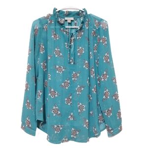 LOFT Turquoise Floral Print Blouse Top Feather Western Sheer Size Medium Women